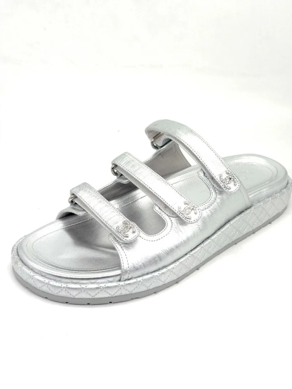 CHANEL 25C Laminated Leather Crystal CC Platform Flat Mules Slide Dad Sandals
